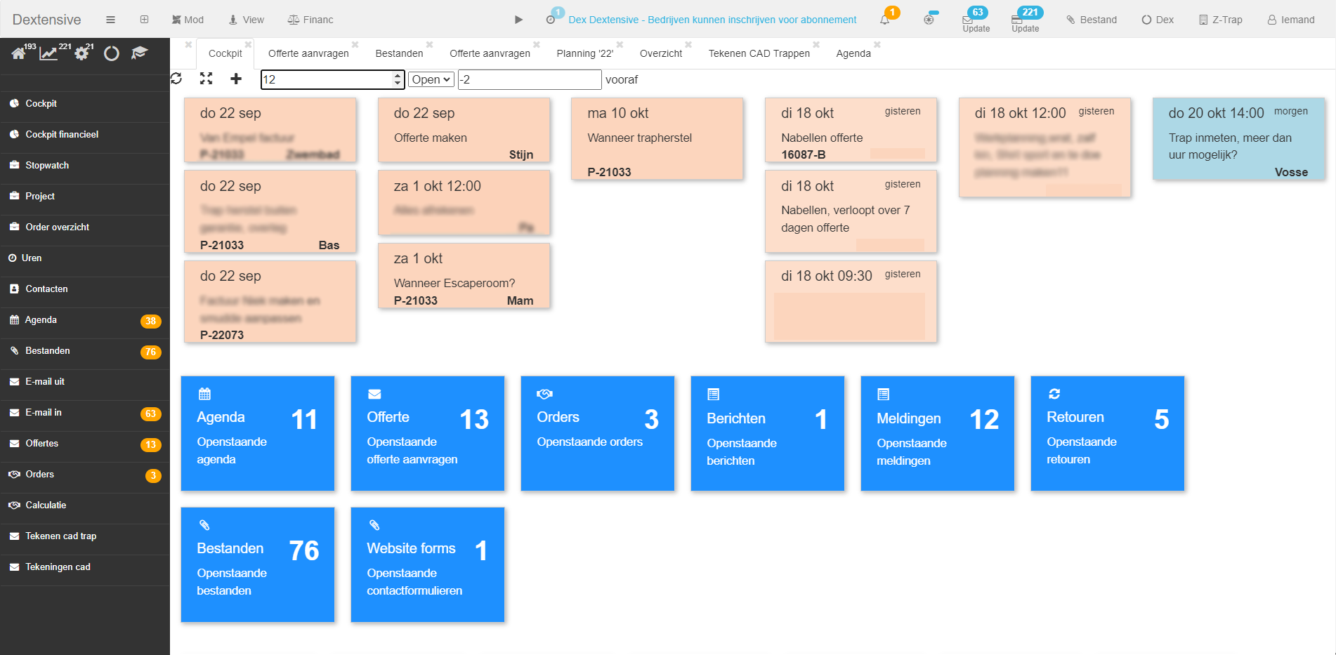 Dextensive cockpit met planning, meldingen en bedrijfsmodules